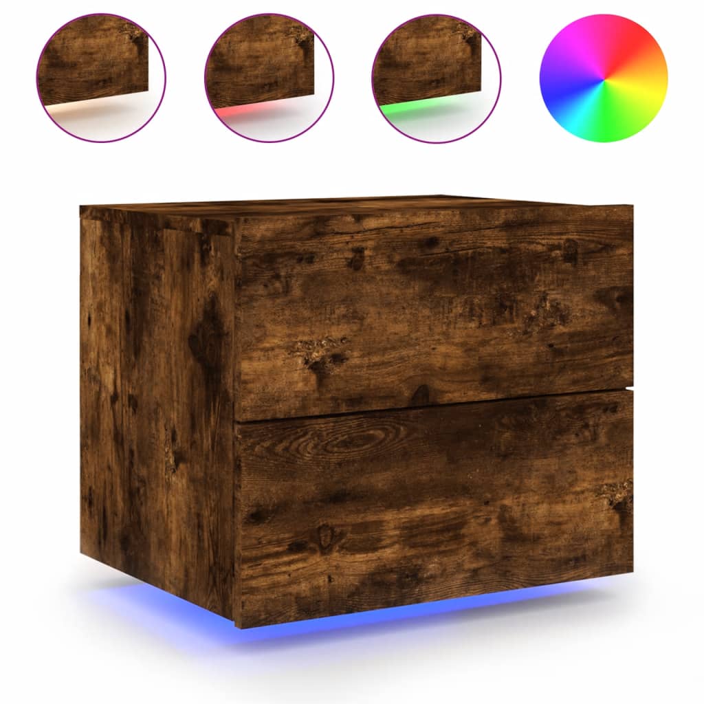 Comodini a Parete con luci LED 2 pz Rovere Fumo