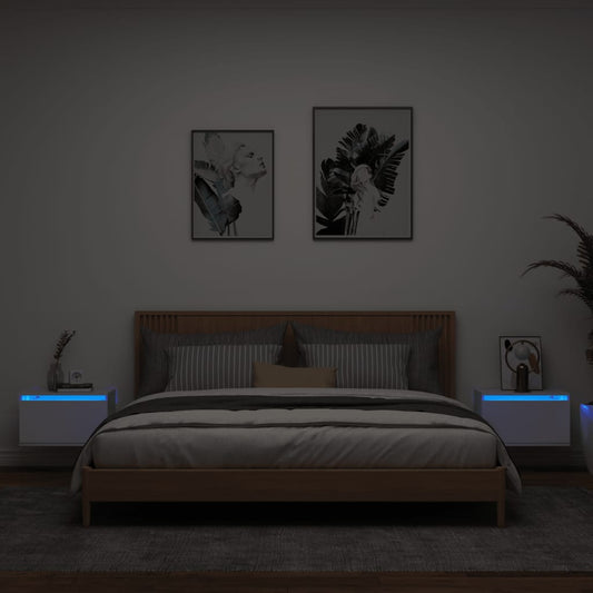 Comodini a Parete con Luci LED 2 pz Bianchi - homemem39