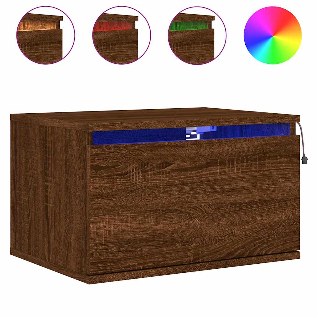 Wand-Nachttische mit LED-Leuchten, 2 Stück, braune Eiche