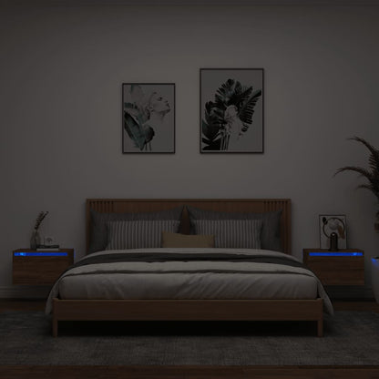 Wand-Nachttische mit LED-Leuchten, 2 Stück, braune Eiche