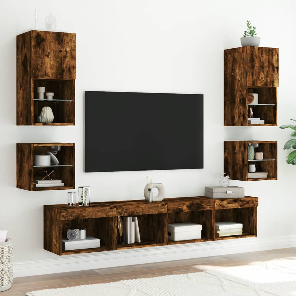 Mobile TV a Parete con Luci LED Rovere Fumo 30x28,5x30 cm - homemem39