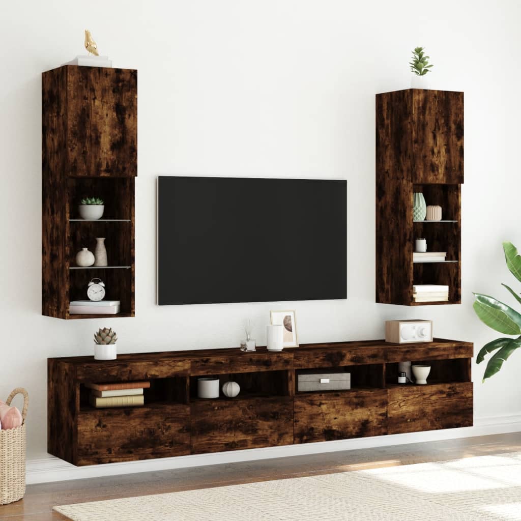 Mobile TV con Luci LED Rovere Fumo 30,5x30x102 cm - homemem39