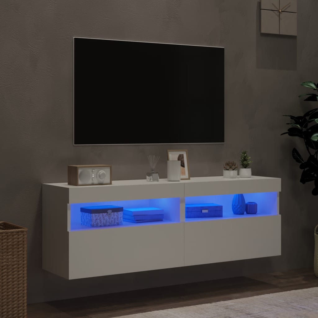 Mobili TV a Parete con Luci LED 2pz Bianchi