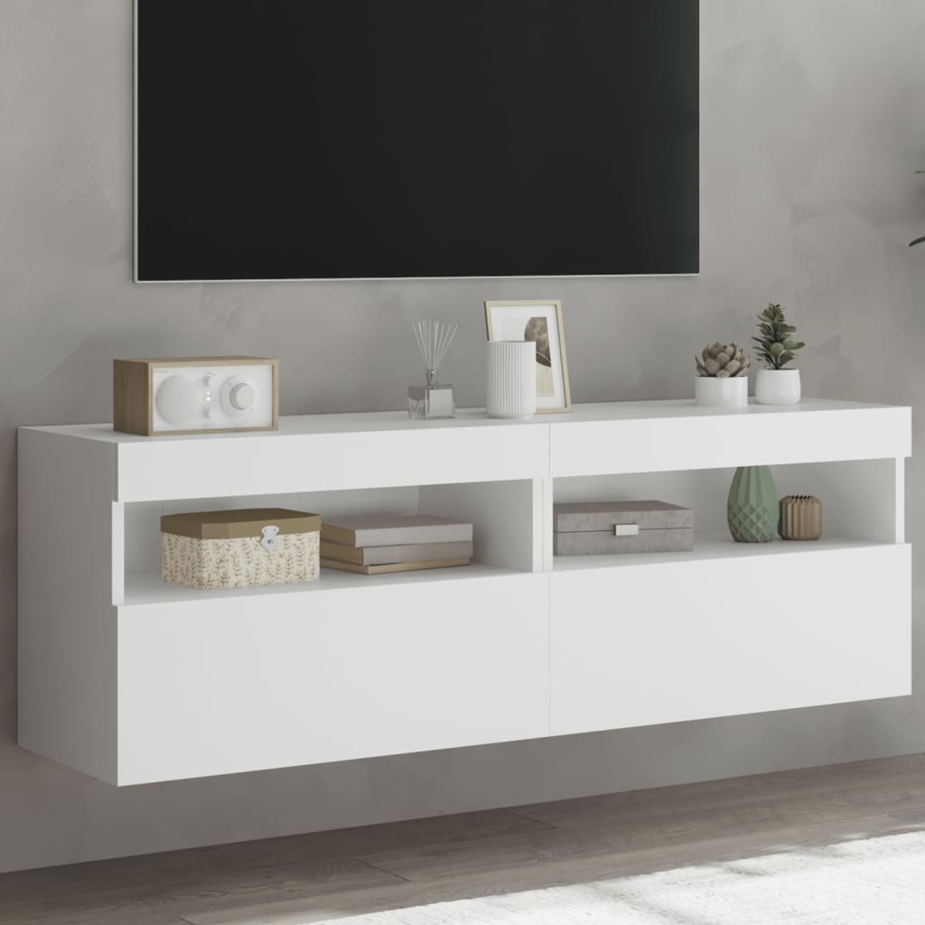 Mobili TV a Parete con Luci LED 2pz Bianchi