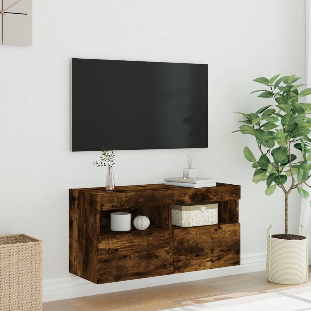 Mobile TV a Parete con Luci LED Rovere Fumo 80x30x40 cm | homemem39