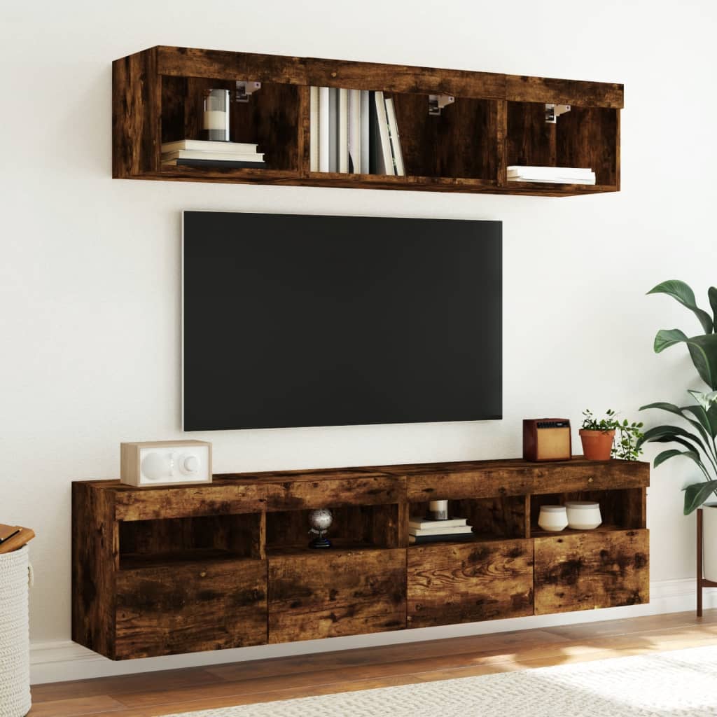 Mobile TV a Parete con Luci LED Rovere Fumo 80x30x40 cm | homemem39