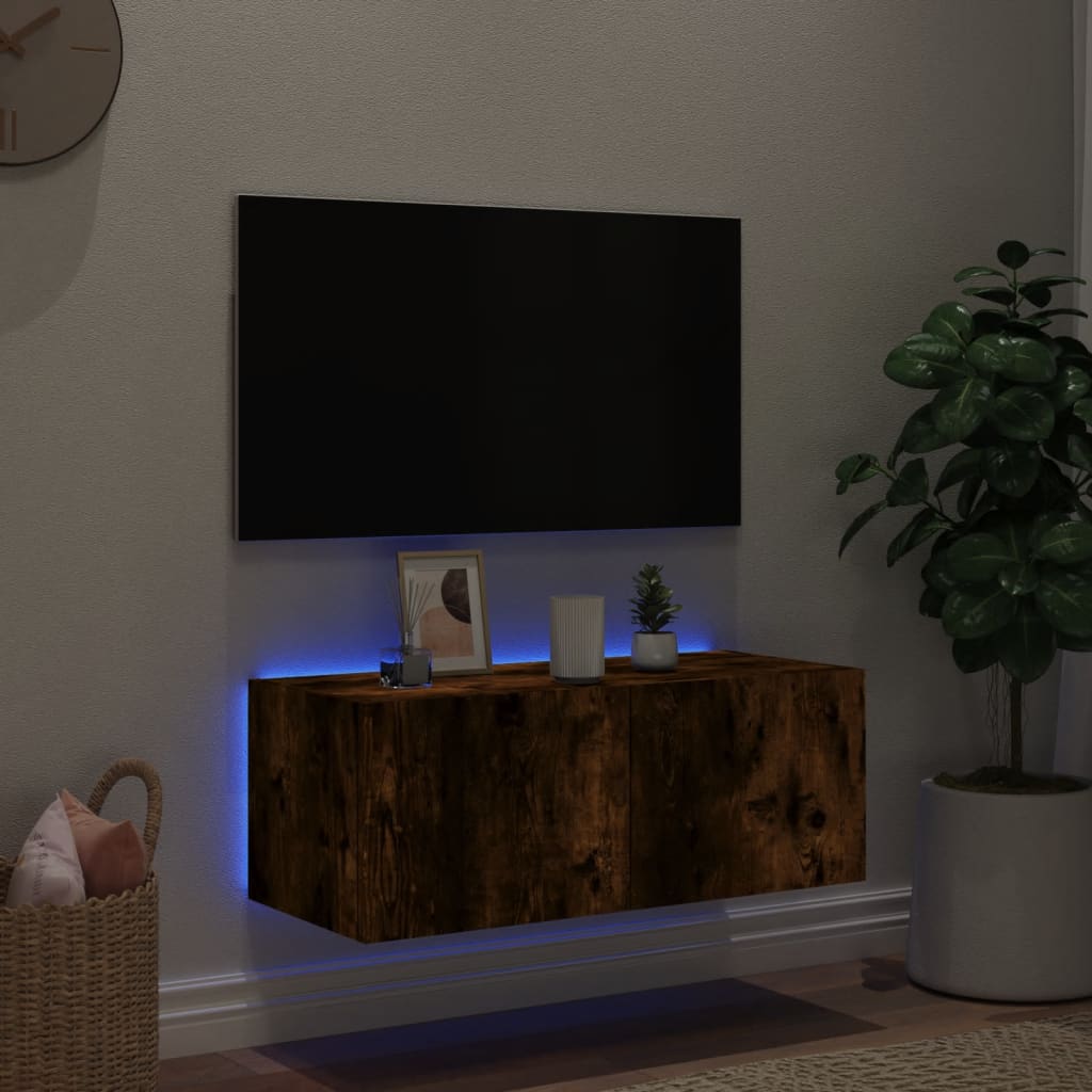 Mobile TV a Parete con Luci LED Rovere Fumo 80x35x31 cm - homemem39