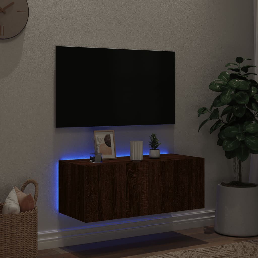 Mobile TV a Parete con Luci LED Rovere Marrone 80x35x31 cm - homemem39