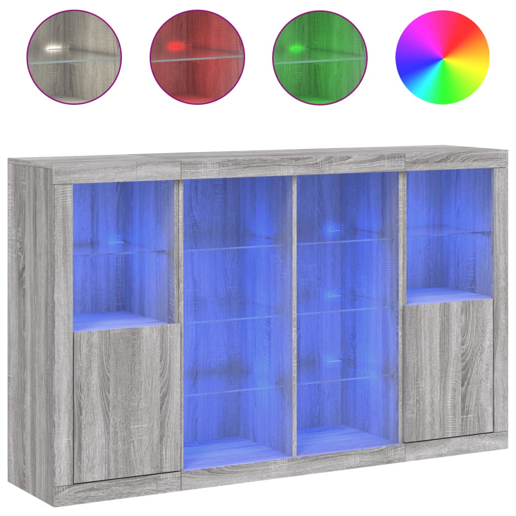 Credenze con Luci LED 3 pz Grigio Sonoma in Legno Multistrato