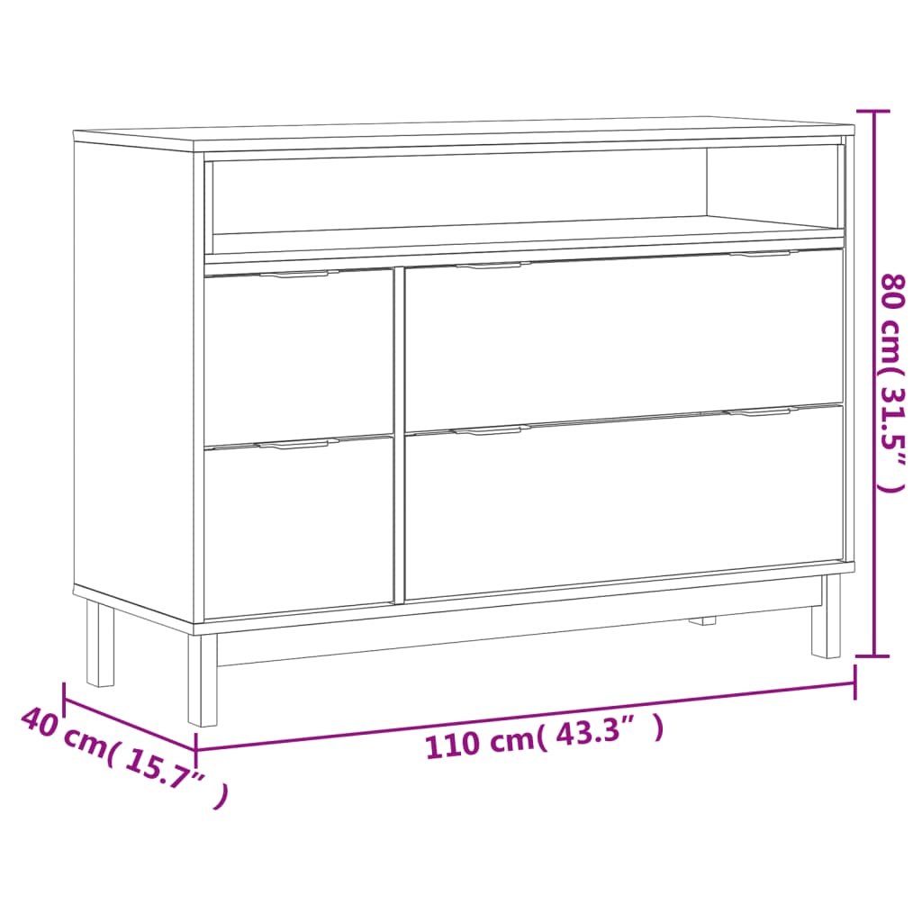 Cassettiera FLAM 110x40x80 cm in Legno Massello di Pino - homemem39