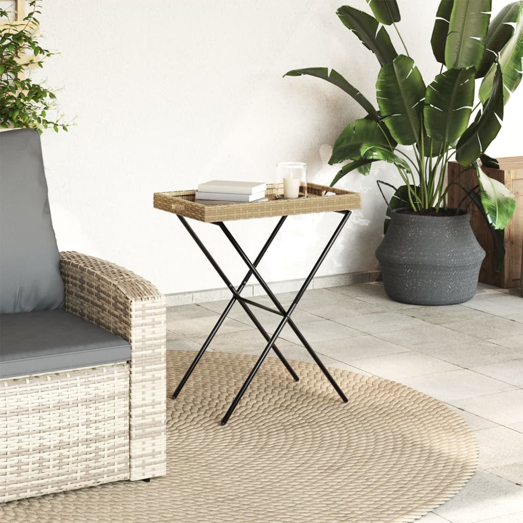 Tavolino Vassoio Pieghevole Beige 65x40x75 cm in Polyrattan - homemem39