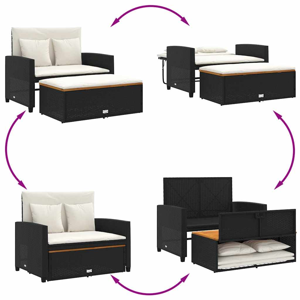 Divano Giardino con Cuscini 2 Posti Nero Polyrattan e Acacia | homemem39
