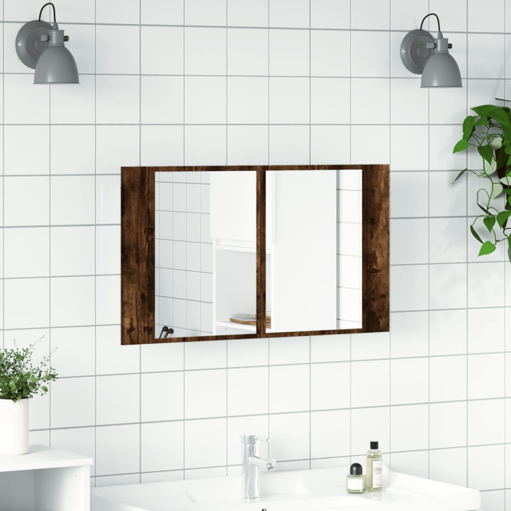 Armadietto a Specchio con LED Rovere Fumo 80x12x45cm Acrilico - homemem39