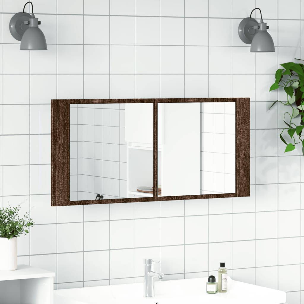 Armadietto Specchio con LED da Bagno Rovere Marrone 100x12x45cm | homemem39