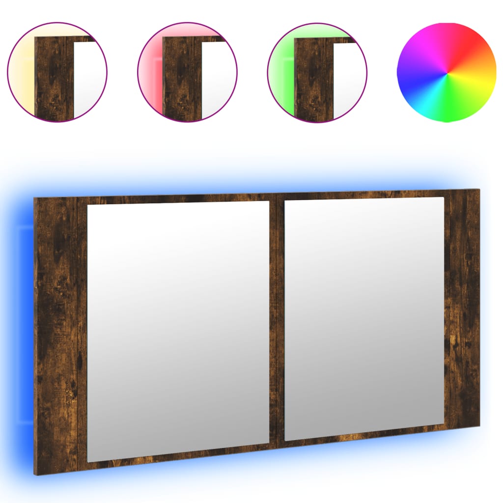 Armadietto a Specchio con LED Rovere Fumo 90x12x45cm Acrilico - homemem39