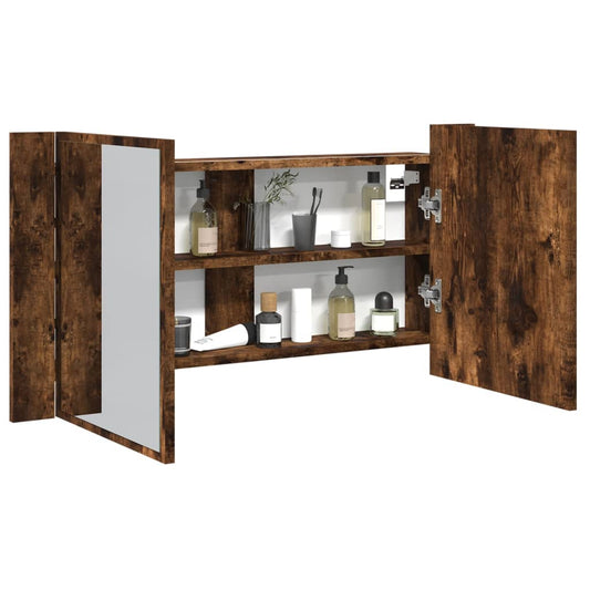 Armadietto a Specchio con LED Rovere Fumo 90x12x45cm Acrilico - homemem39