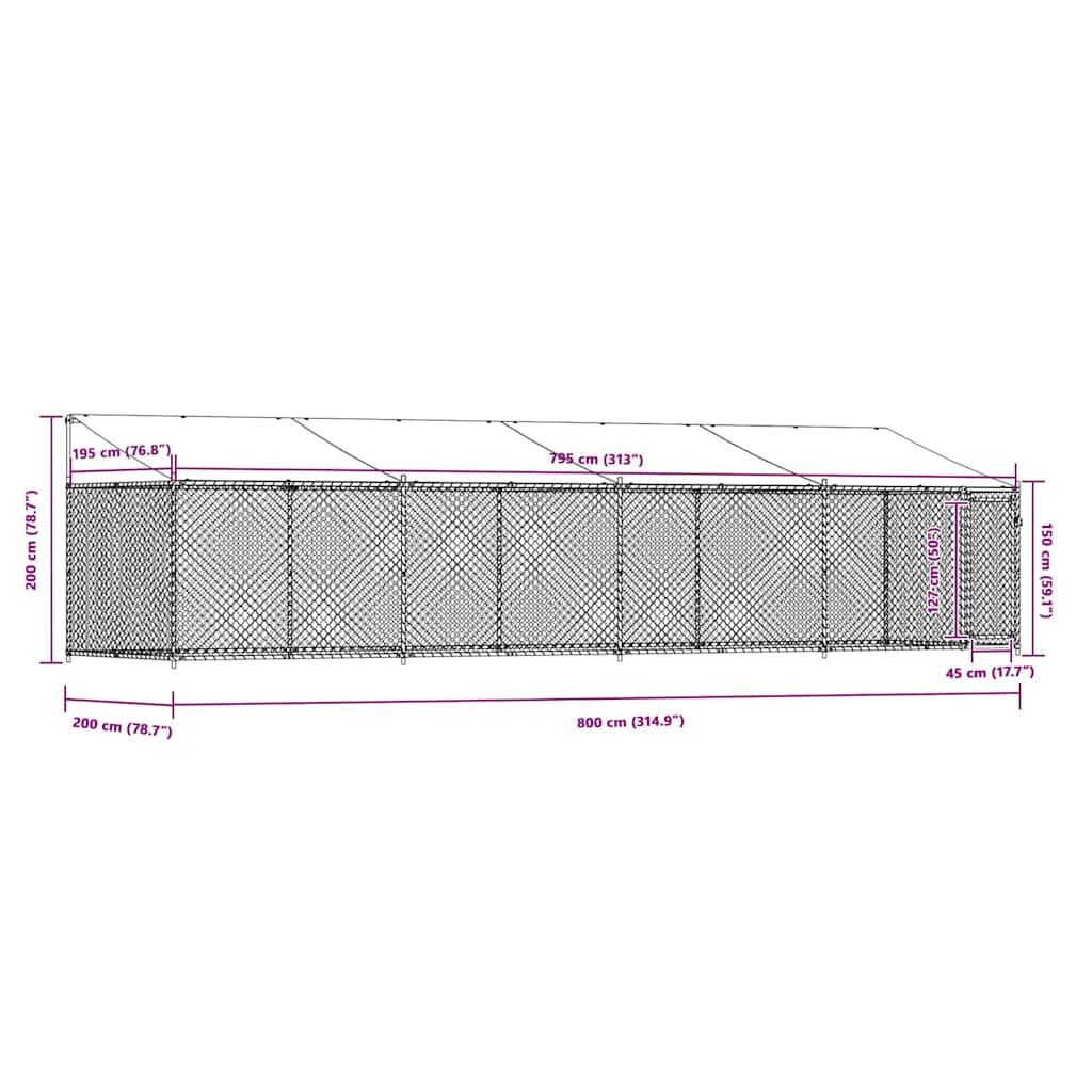 Gabbia Cani con Tetto e Porta Grigia 8x2x2 m in Acciaio Zincato | homemem39