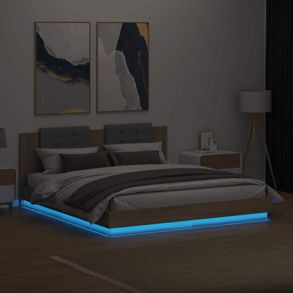 Giroletto con Testiera e LED Rovere Sonoma 180x200 cm