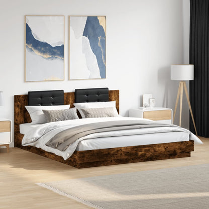 Giroletto con Testiera e LED Rovere Fumo 180x200 cm | homemem39
