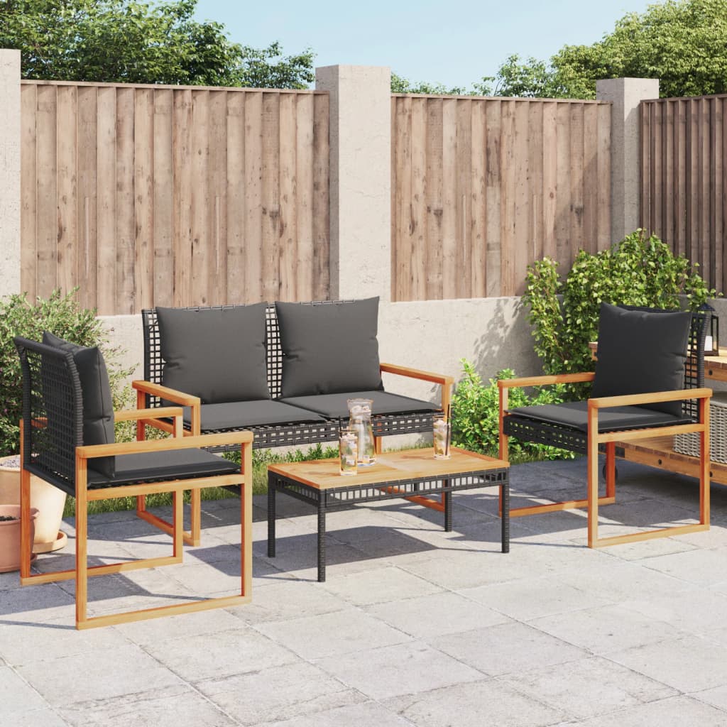 Set Divani da Giardino 4 pz con Cuscini Nero in Polyrattan - homemem39