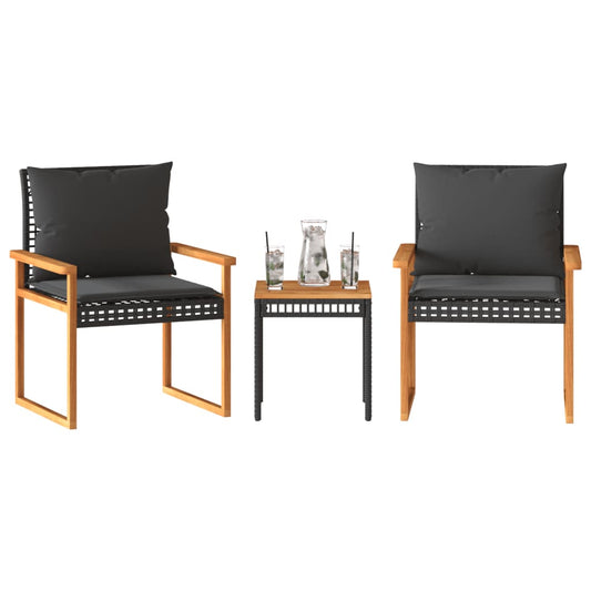 Set da Bistrò 3 pz con Cuscini Nero Polyrattan e Legno Acacia - homemem39