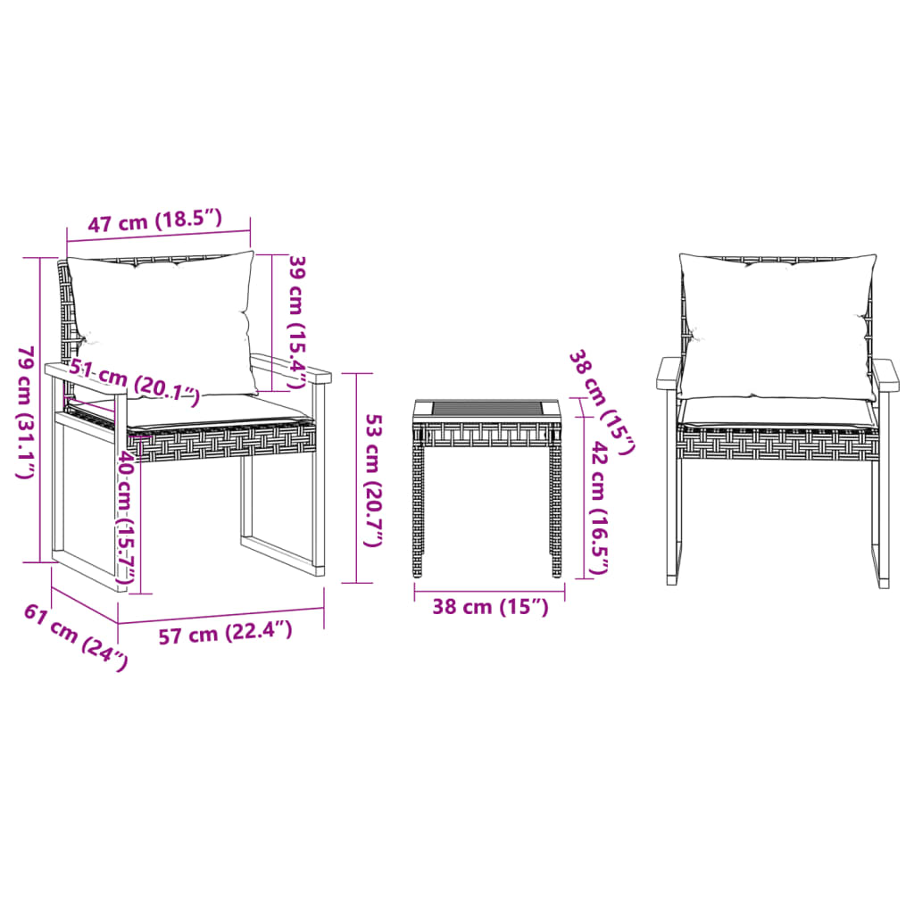 Set da Bistrò 3 pz con Cuscini Beige Misto Polyrattan e Acacia | homemem39