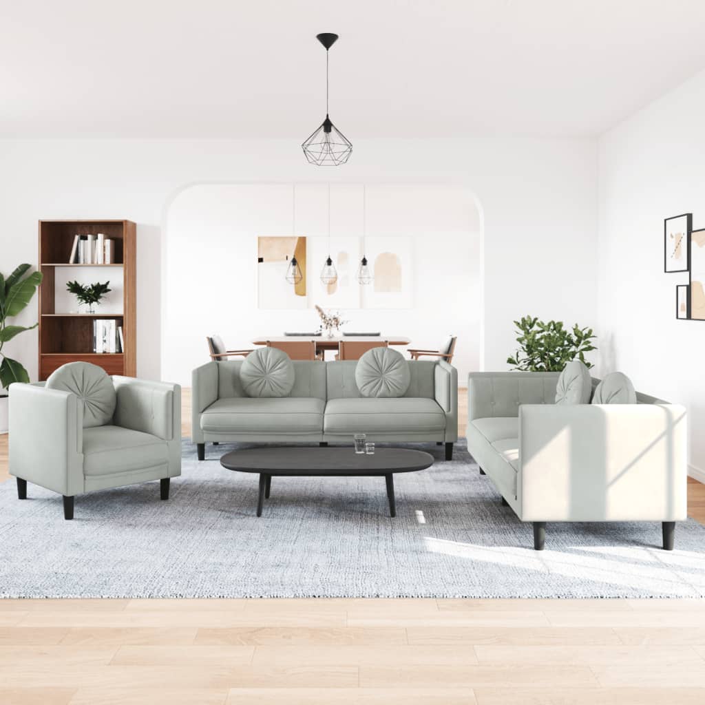 Set di Divani 3 pz con Cuscini Grigio Chiaro in Velluto | homemem39