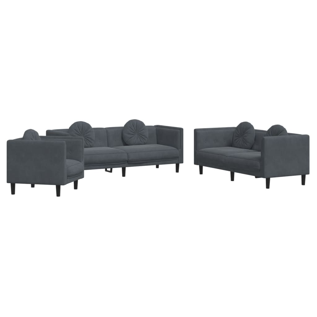 Set di Divani 3 pz con Cuscini Grigio Scuro in Velluto | homemem39