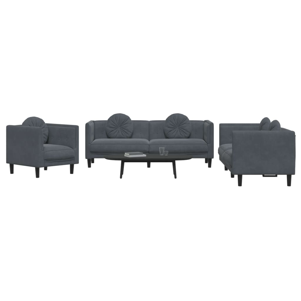 Set di Divani 3 pz con Cuscini Grigio Scuro in Velluto - homemem39