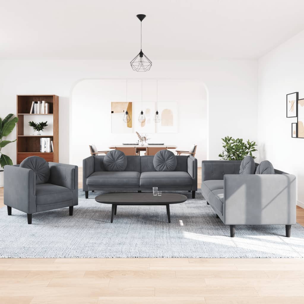 Set di Divani 3 pz con Cuscini Grigio Scuro in Velluto | homemem39