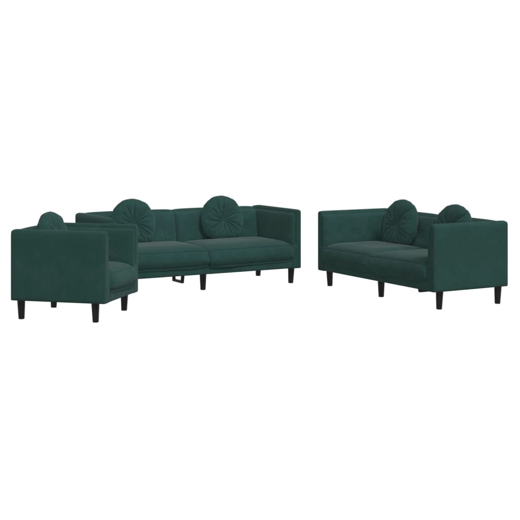 Set di Divani 3 pz con Cuscini Verde Scuro in Velluto - homemem39