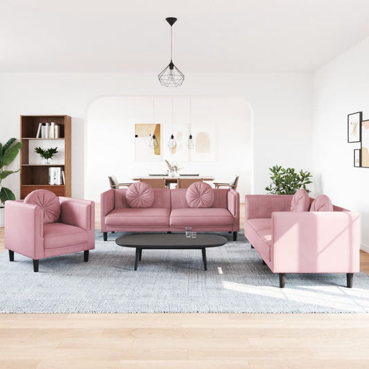 Set di Divani 3 pz con Cuscini Rosa in Velluto