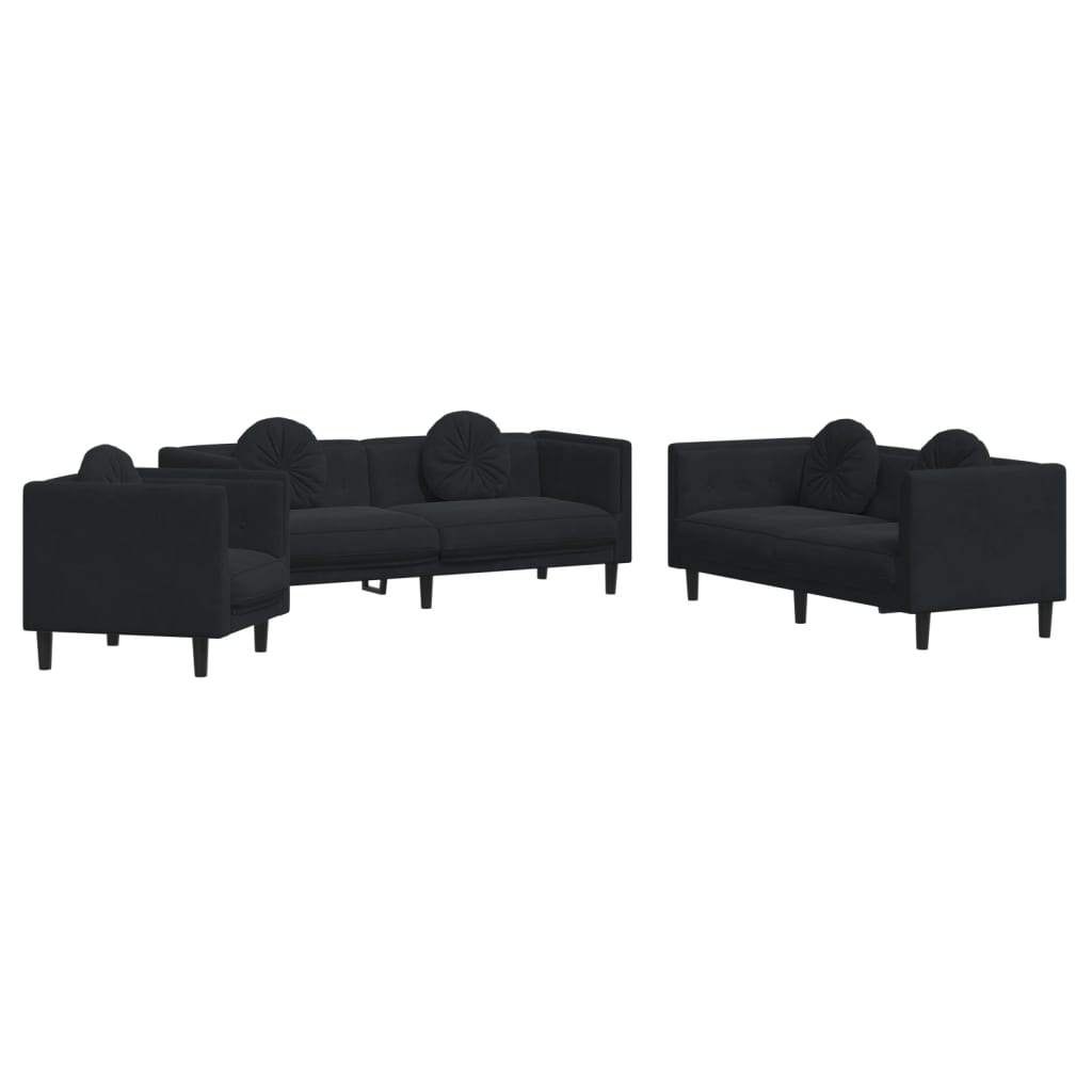 Set di Divani 3 pz con Cuscini Nero in Velluto - homemem39