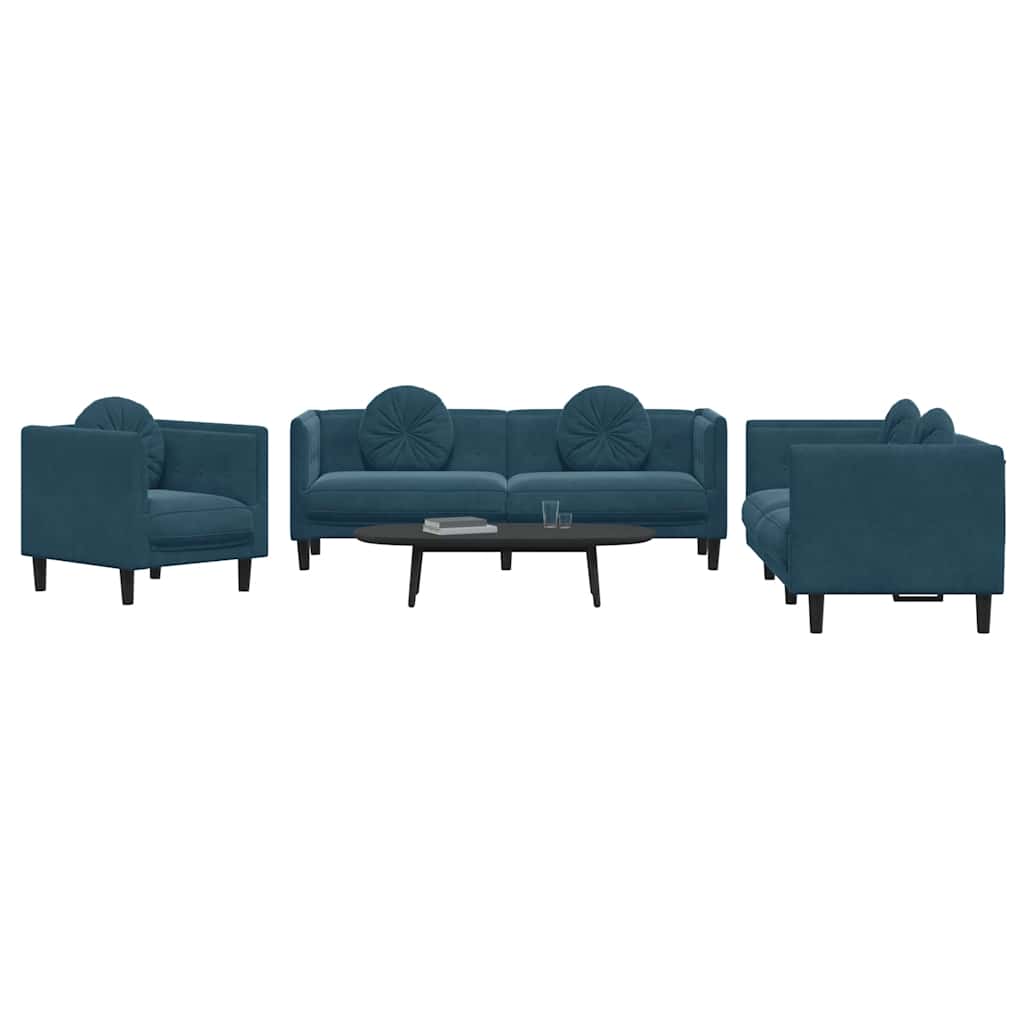 Set di Divani 3 pz con Cuscini Blu in Velluto | homemem39