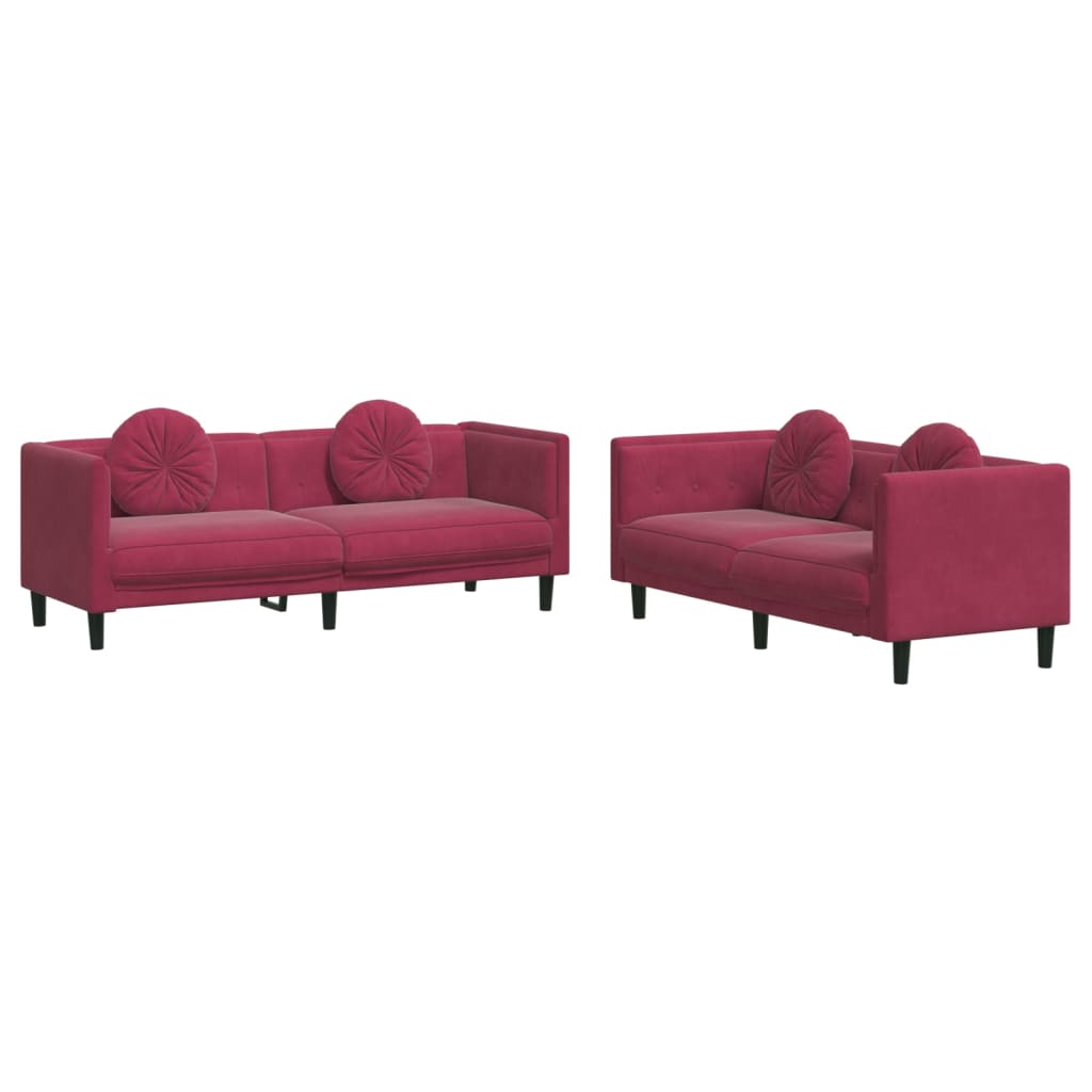 Set di Divani 2 pz con Cuscini Rosso Vino in Velluto