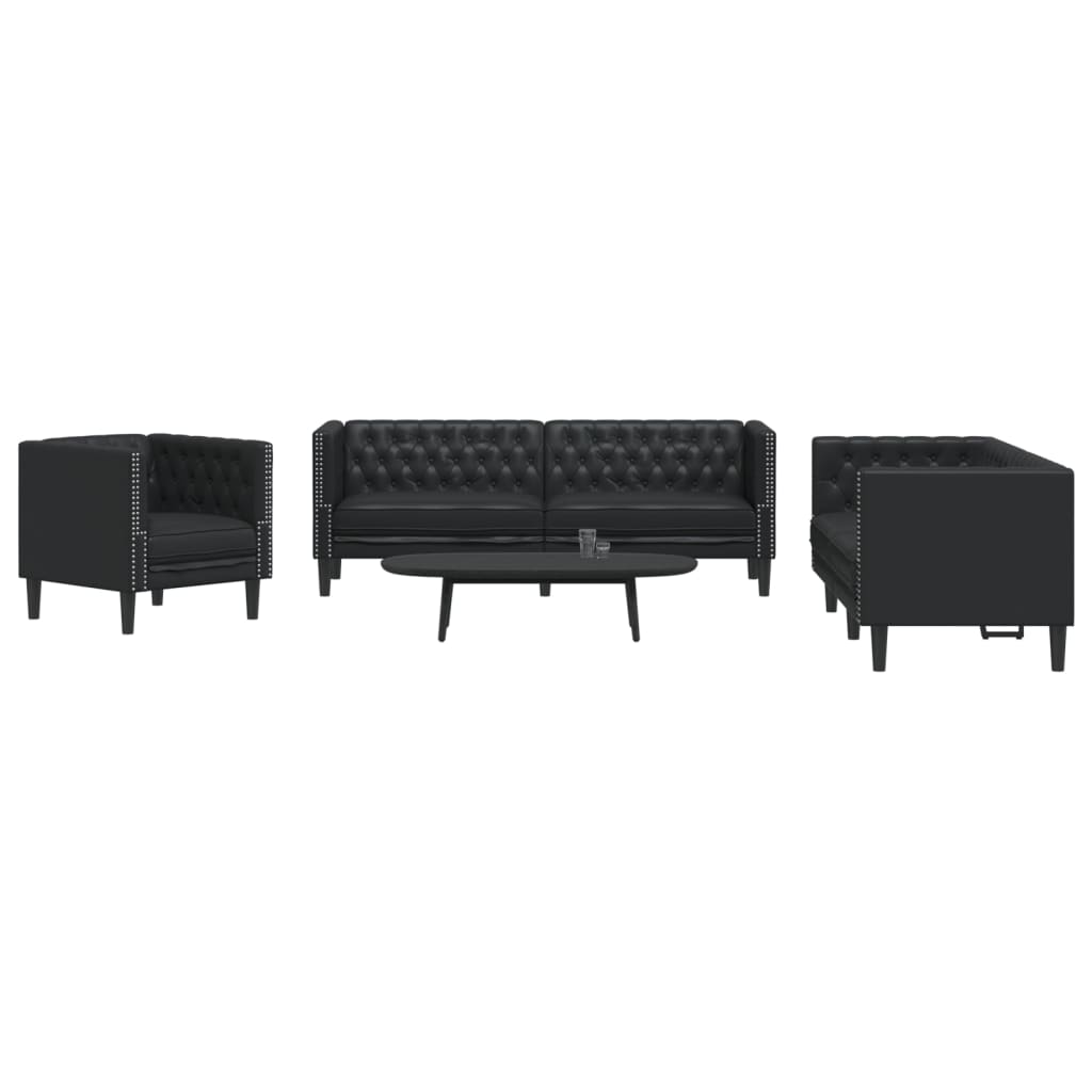 Set Divani Chesterfield 3pz Nero in Similpelle