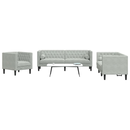 Set Divani Chesterfield 3pz con Cuscini Grigio Chiaro Velluto