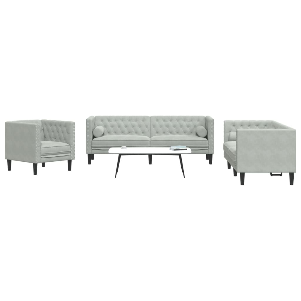 Set Divani Chesterfield 3pz con Cuscini Grigio Chiaro Velluto - homemem39
