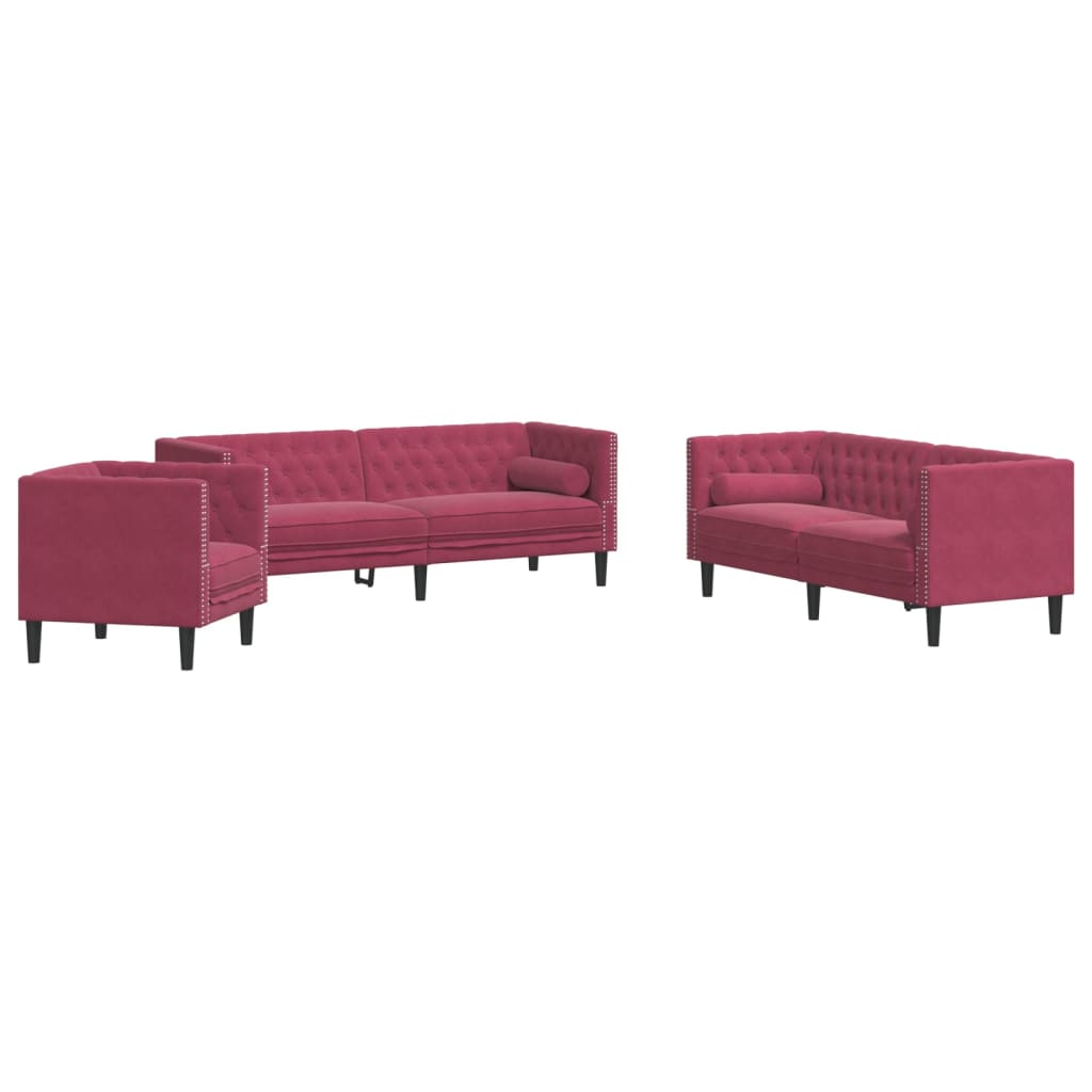 Set Divani Chesterfield 3pz con Cuscini Rosso Vino Velluto