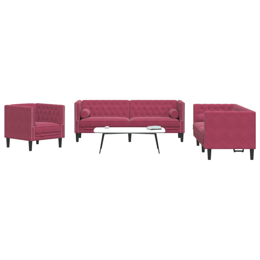 Set Divani Chesterfield 3pz con Cuscini Rosso Vino Velluto - homemem39