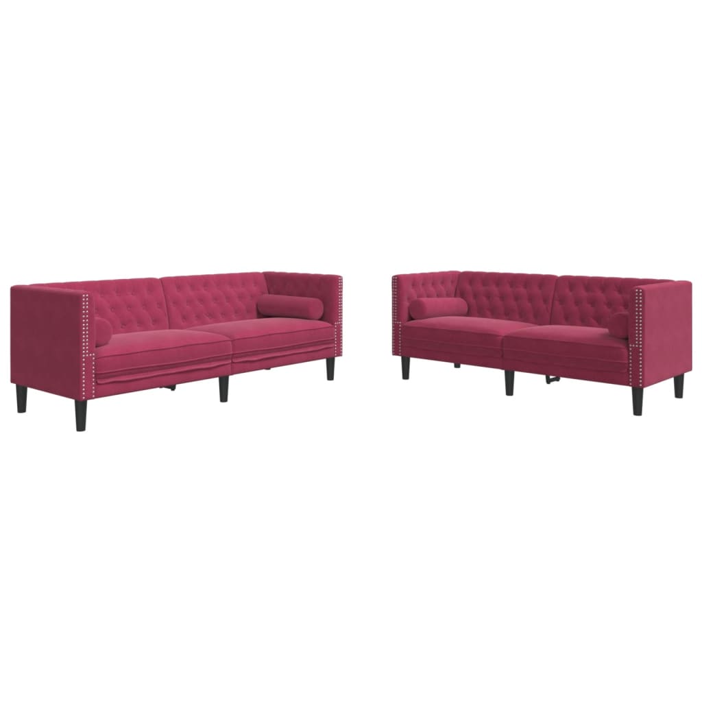 Set Divani Chesterfield 2pz con Cuscini Rosso Vino Velluto