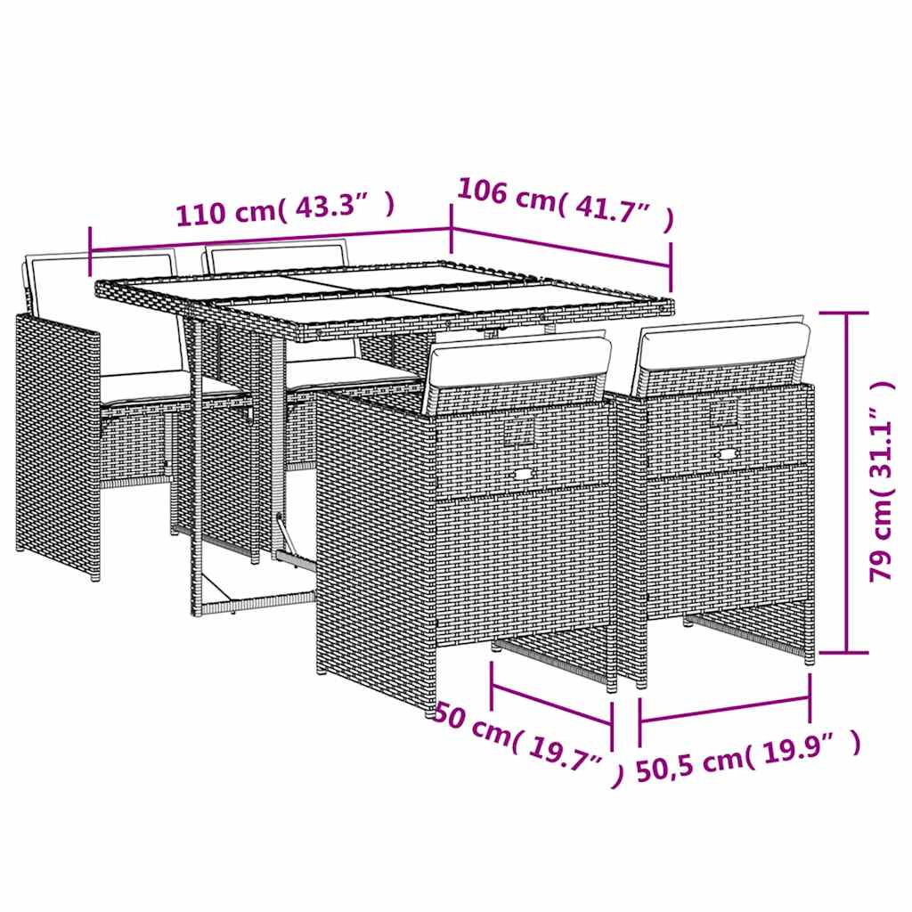 Set da Pranzo da Giardino 5 pz con Cuscini in Polyrattan Grigio | homemem39