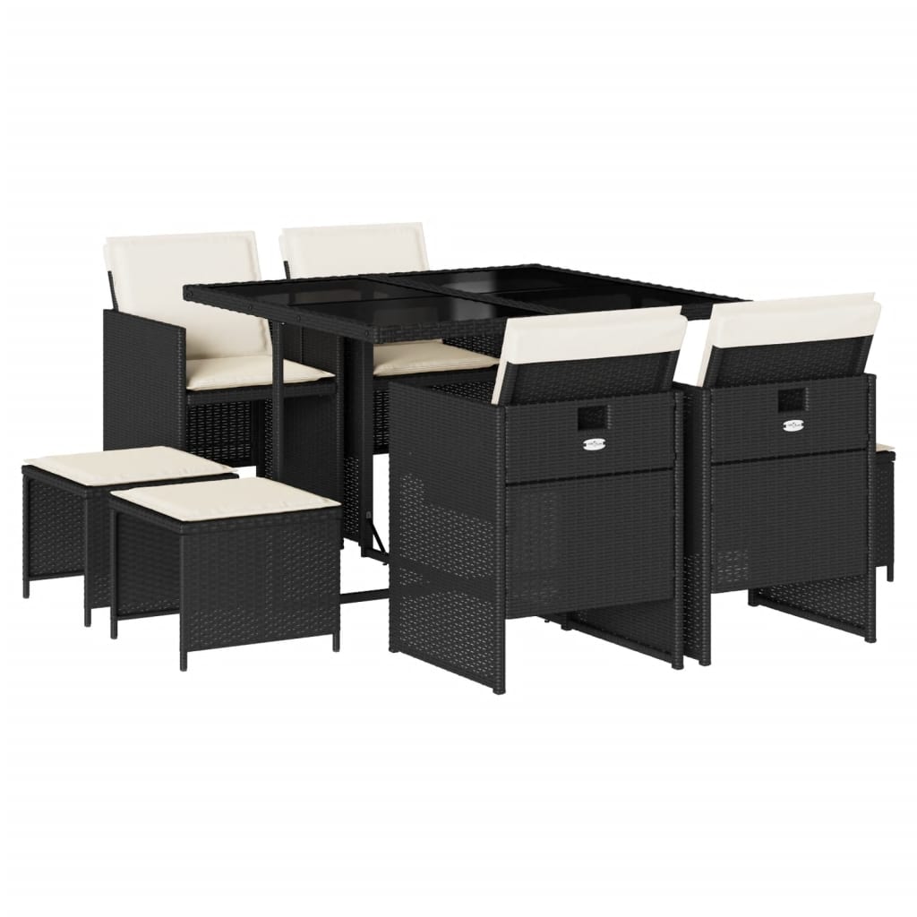 Set da Pranzo da Giardino 9 pz con Cuscini Nero in Polyrattan - homemem39