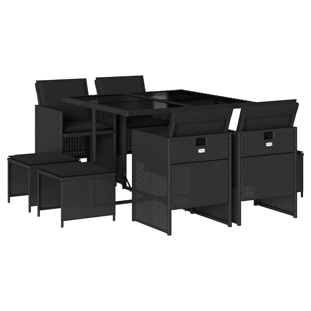 Set da Pranzo da Giardino 9 pz con Cuscini Nero in Polyrattan | homemem39
