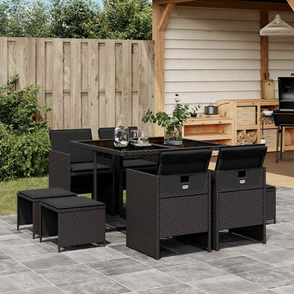 Set da Pranzo da Giardino 9 pz con Cuscini Nero in Polyrattan | homemem39