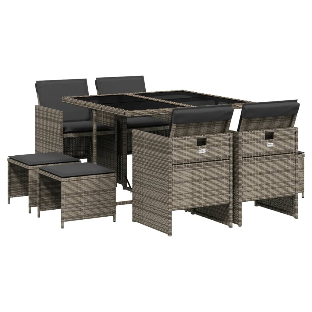 Set da Pranzo da Giardino 9 pz con Cuscini in Polyrattan Grigio - homemem39