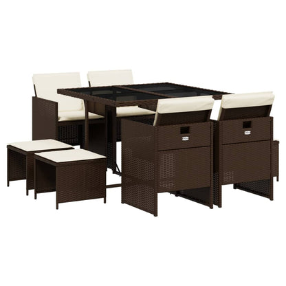 Set da Pranzo da Giardino 9pz con Cuscini Marrone in Polyrattan - homemem39
