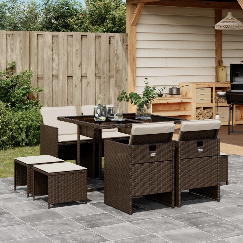 Set da Pranzo da Giardino 9pz con Cuscini Marrone in Polyrattan - homemem39