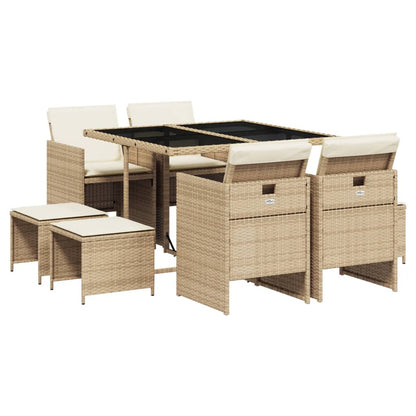Set da Pranzo da Giardino 9 pz con Cuscini Beige in Polyrattan - homemem39