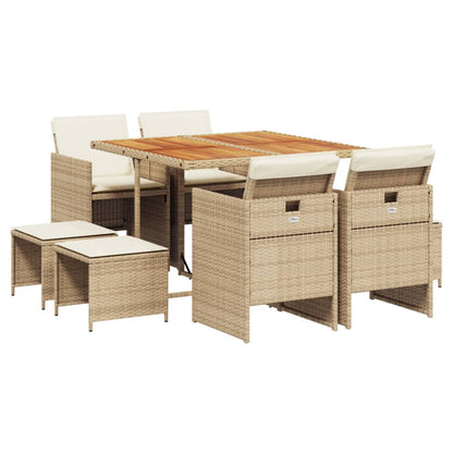 Set da Pranzo da Giardino 9 pz con Cuscini Beige in Polyrattan